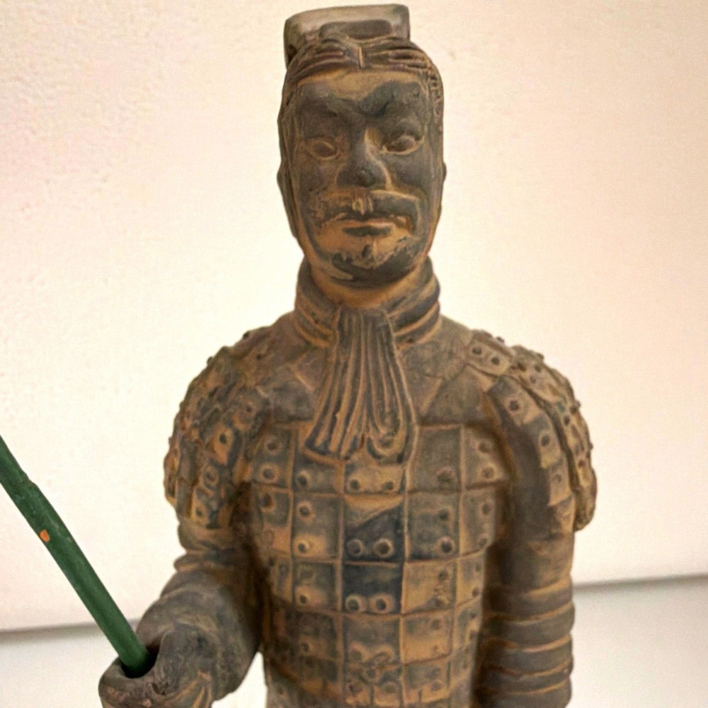 Metal Warrior Figurine Statue w/ Spear, Antique Finish, Brown Green, 1 Pc
